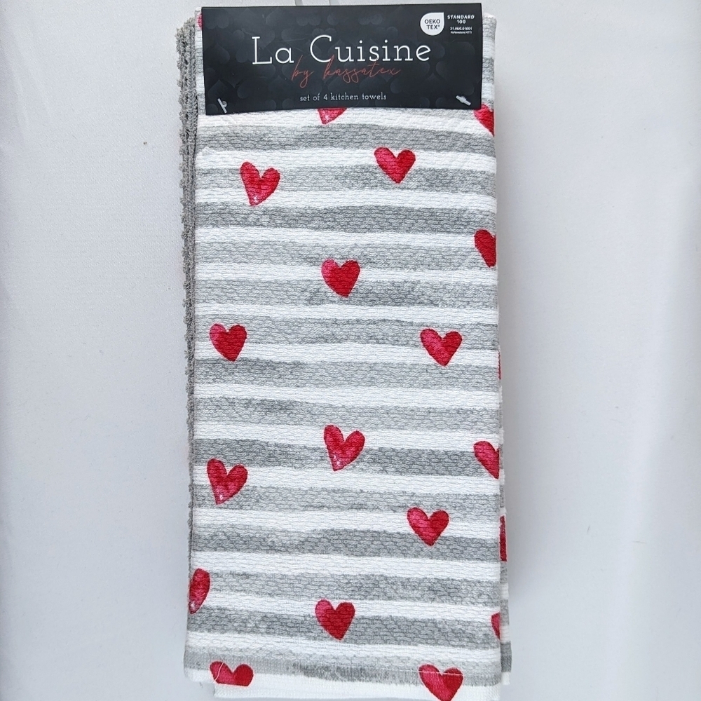 Kitchen Towel Set Of Four (4) Hearts & Stripes  On White (2) Solid Grey NWT